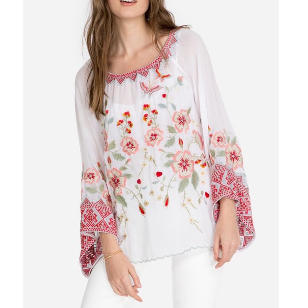 Johnny Was Off White, Coral, and Green Rayon Grace Floral Top. Size Small.  NWT